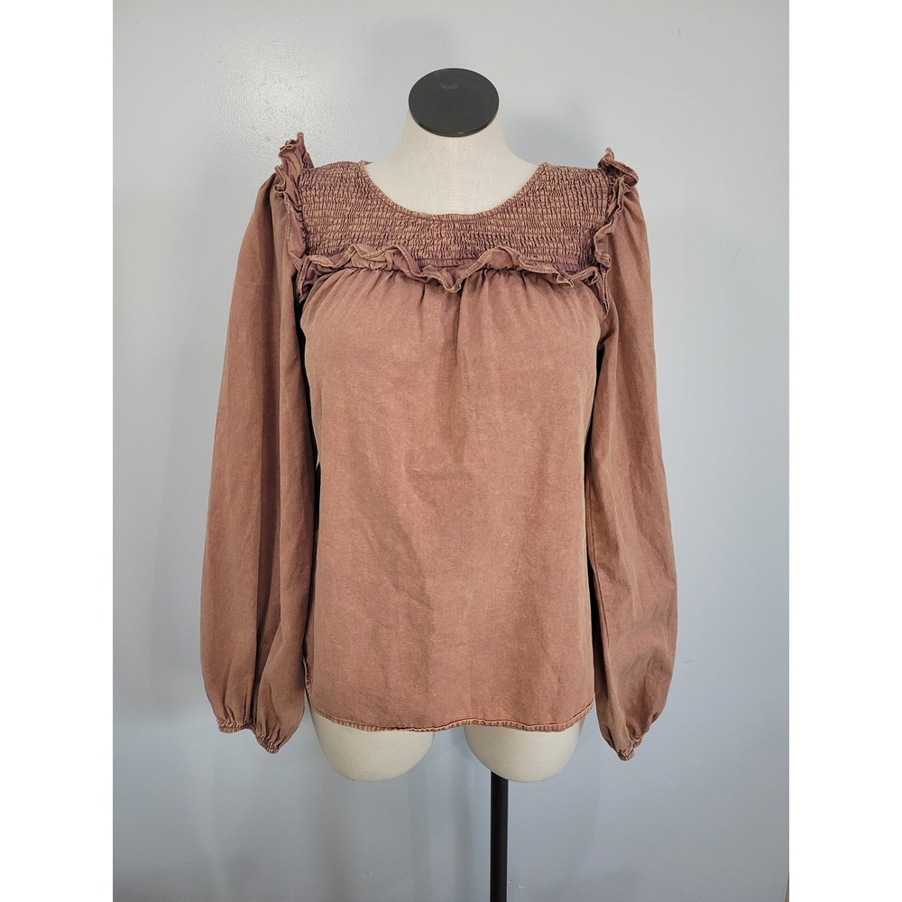 Heyson Womens Mauve Brown Smocked Ruffle Balloon Sleeve Boho Blouse Large ET1679